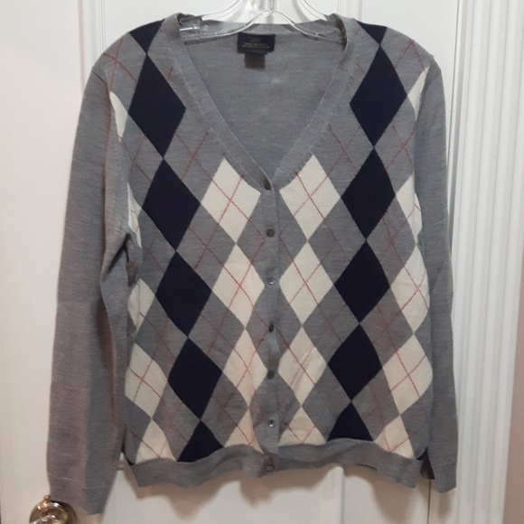 Brooks Brothers grey Harringbone pattern cardigan